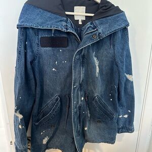 Avec Les Filles Distressed Denim Parka Jacket Paint Splatter Hooded Size S
